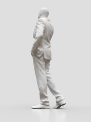 Plastic figure of a black man in a suit talking on the phone. 3d rendering.