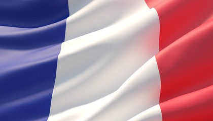 Waved highly detailed close-up flag of France. 3D illustration.