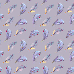 delicate watercolor feathers on a lilac background.