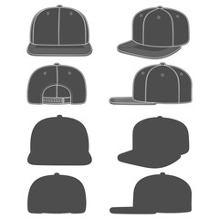 Set of black and white images of a rapper cap with a flat visor, snapback. Isolated objects on white background.