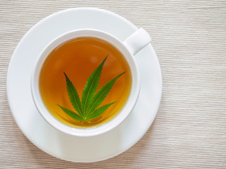 tea with marijuana. Cannabis leaf is brewed in herbal decoction to treat pain and increase appetite. concept of marijuana use for medicinal purposes.