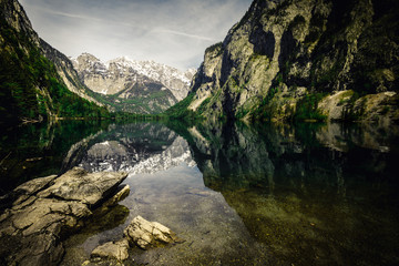Fototapeta na wymiar Nature panorama at lake Obersee, near Koenigssee in Berchtesgaden, Bavaria