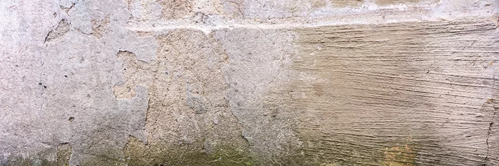 Die Wand ist mit altem bröckelndem zementfarbenem Putz bedeckt und mit grünem Moos bedeckt. © APHOTOSTUDIO
