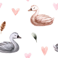 Seamless pattern. Watercolor swan. Hand painted illustration isolated on white background.