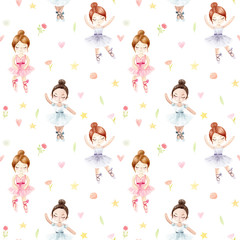 Seamless pattern. Watercolor ballerina. Hand painted illustration isolated white background.