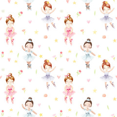 Seamless pattern. Watercolor ballerina. Hand painted illustration isolated white background.