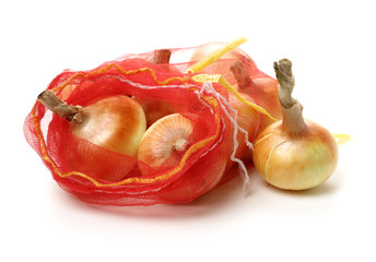 Gold onion vegetable bulbs on white background