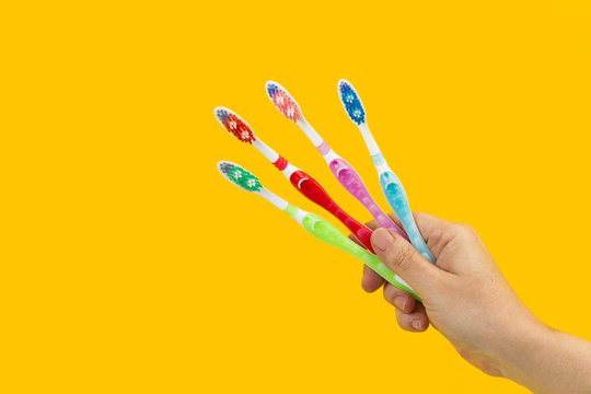 Mano sosteniendo varios cepillos de dientes sobre un fondo amarillo brillante liso y aislado. Vsiat de frente y de cerca. Copy space