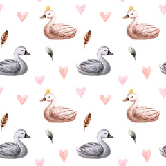 Seamless pattern. Watercolor swan. Hand painted illustration isolated on white background.