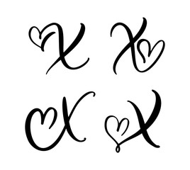 Obraz premium Vector Set of Vintage floral letter monogram X. Calligraphy element Valentine flourish. Hand drawn heart sign for page decoration and design illustration. Love wedding card for invitation