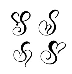 Obraz premium Vector Set of Vintage floral letter monogram S. Calligraphy element Valentine flourish. Hand drawn heart sign for page decoration and design illustration. Love wedding card for invitation