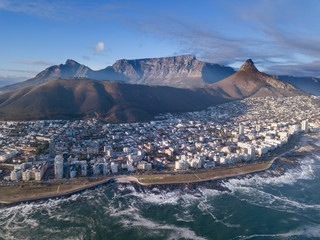 Aerial view over Cape Town, South Africa with Table Mountain