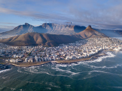 Aerial view over Cape Town, South Africa with Table Mountain