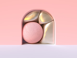 pink wall white floor abstract curve door  group of pink metallic ball in side 3d rendering