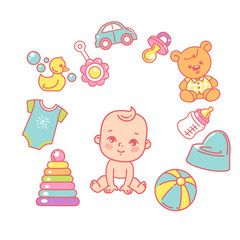 Baby  design template. cute little  baby boy sitting, wear diaper