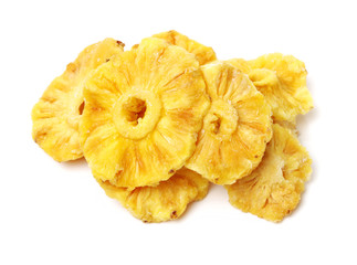Dried pineapple rings on white background