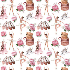 Watercolor seamless pattern of ballerinas, ballet shoes and beautiful pink peony flowers © alinaosadchenko