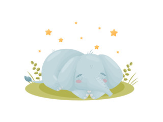 Cute baby elephant sleeping in the meadow. Vector illustration on white background.