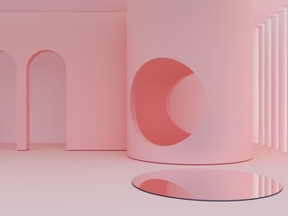 3d rendering. Minimal scene to show beauty summer products. Scene with minimalistic shapes, arches and circle in the background, minimalistic geometrical forms mirrors. Pink pastel colors. 