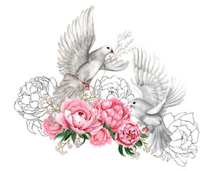 Fototapeta premium Watercolor composition of white pigeons and pink peony flower