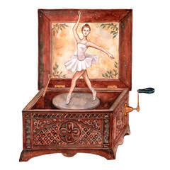 Watercolor illustration of music box with ballerina © alinaosadchenko