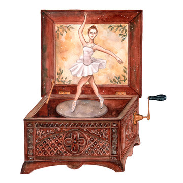Watercolor illustration of music box with ballerina