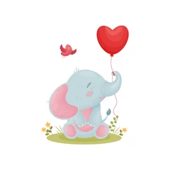 Verduisterende rolgordijnen Dieren met ballon Schattige babyolifant houdt de slurf van een rode ballon vast. Vectorillustratie op witte achtergrond.