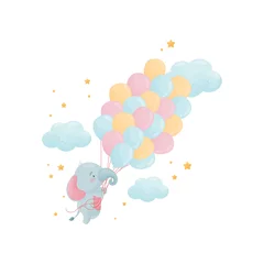 Fototapete Tiere mit Ballon Der süße kleine Elefant fliegt über einen großen Haufen Ballons. Vektorillustration auf weißem Hintergrund.