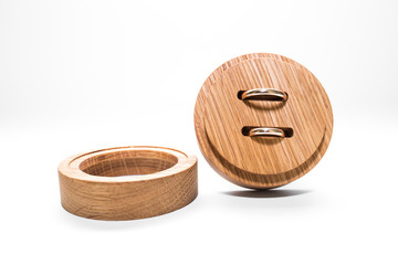 City Riga, Latvian Republic. Hand made wood rings box with gold rings. 2019. 22. May. Travel photo.