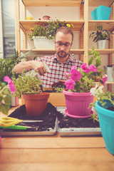 Farmer planting young seedlings flowers in the garden. Gardening concept.