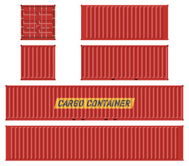 Cargo container vector mockup on white background with side, front, back and top view. All elements in the groups on separate layers for easy editing and recolor