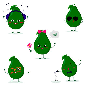 A set of five Kawaii cute avocado fruit in a cartoon style. In headphones, in sunglasses, dancing in glasses , with a flower, singing into the microphone. Flat, Vector illustration