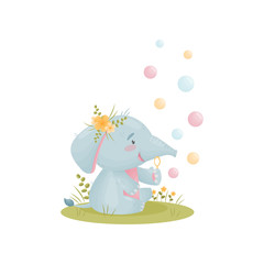 Humanized cute baby elephant blows soap bubbles. Vector illustration on white background.