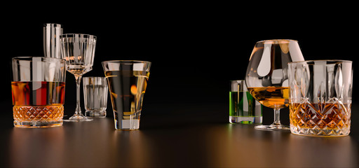 Strong alcoholic beverages, glasses and glasses, in the presence of whiskey, vodka, rum, tequila, brandy, cognac. on dark old background with selective focus