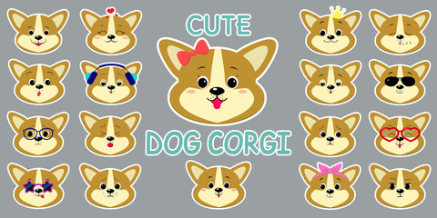 White stroke sticker, cute corgi puppy dog head, mega set of different emotions and accessories. Cartoon style, flat design, vector illustration
