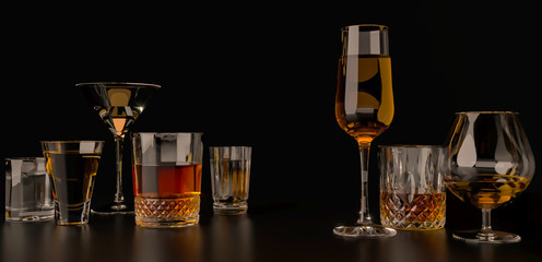 Strong alcoholic beverages, glasses and glasses, in the presence of whiskey, vodka, rum, tequila, brandy, cognac. on dark old background with selective focus
