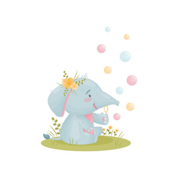 Humanized cute baby elephant blows soap bubbles. Vector illustration on white background. © Happypictures