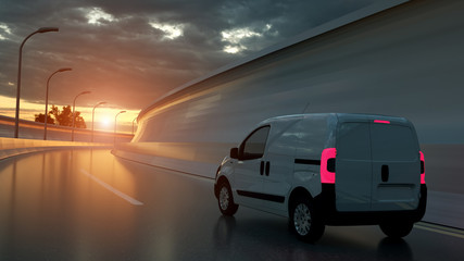 Fototapeta na wymiar White delivery van on highway. Transport and logistic concept. 3D Illustration