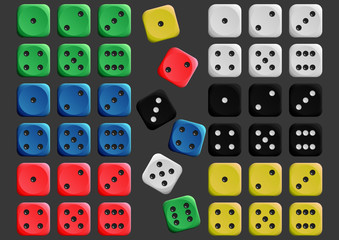 Set of green, blue, red, yellow, white, black dices. Front view