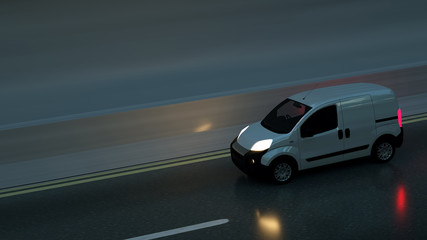 Plakat White delivery van on highway. Transport and logistic concept. 3D Illustration