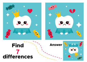 Educational game for children. Kawaii cartoon princess tooth with candies. For kids about dental hygiene. Vector illustration.
