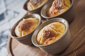 Close up view breakfast baked pudding in a portion cups