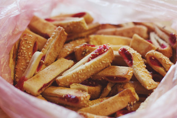 close up small fruit cookies. Sweet biscuits.