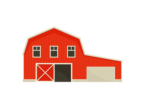 Large red barn near the garage. Vector illustration on white background.