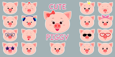 White stroke sticker, cute piggy head, mega set of different emotions and accessories. Cartoon style, flat design, vector illustration