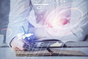 Man in white shirt with technology icons.