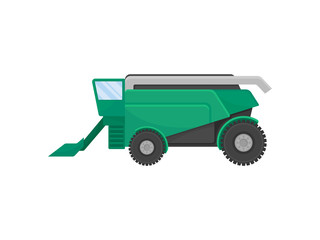 Green combine for harvesting grain. Vector illustration on white background.