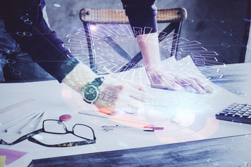 Writing man with technology icons. . Double exposure. Network and data concept.