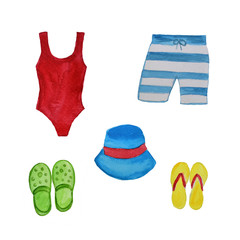 Watercolor hand drawn set: female swimsuite, men`s swim shorts, flip flops and hat