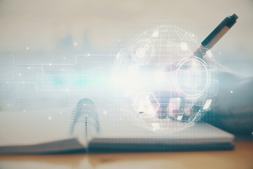 Social network theme hologram over woman's hands writing background. Concept of international people connect. Double exposure